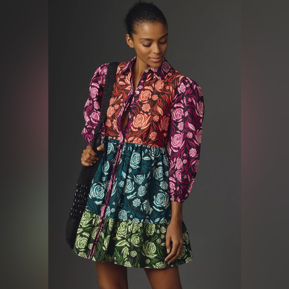 FARM RIO X ANTHROPOLOGIE $198 Long-Sleeve Tiered Mini Dress